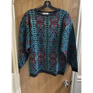 Vintage Sweater Teas Black Geometric Colorful Knit Sweater Oversized Size L